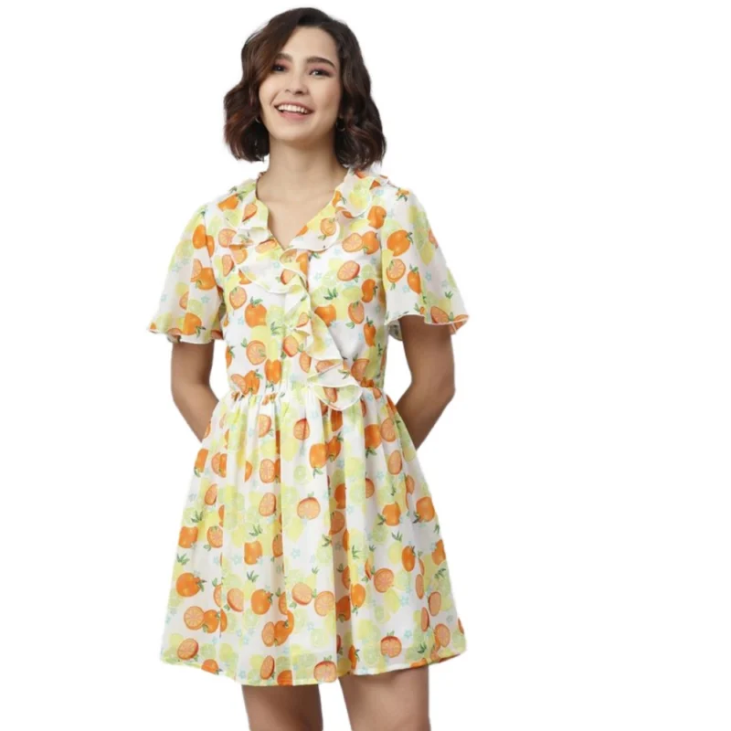 Women's Polyester Printed Flutter Above Knee Dress (Yellow - Orange)
