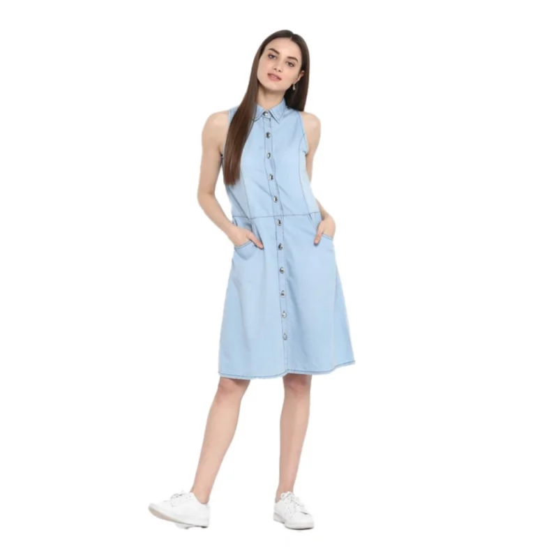Women's Denim Solid Sleeveless Below Knee Dress (Blue)