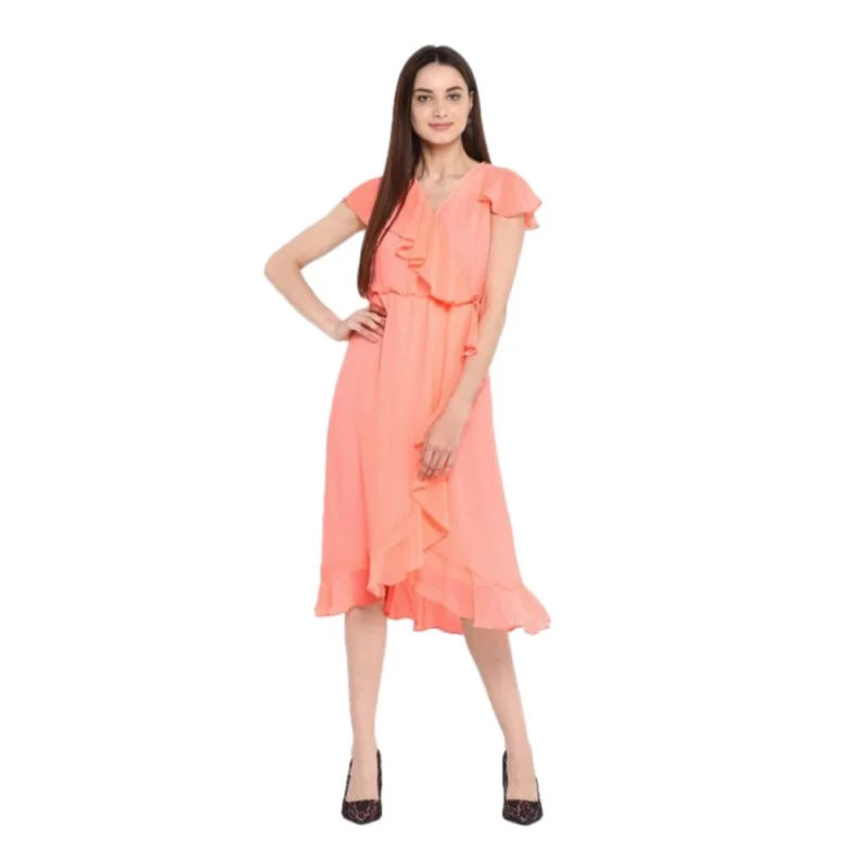 Women's Polyester Ruffled Cap Sleeve Below Knee Dress (Neon Pink)