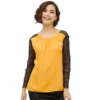 Generic Women's Rayon Lace Inserts Long Sleeves Top (Yellow)