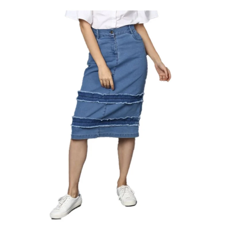 Women's Denim Washed Buttoned Skirt (Blue)