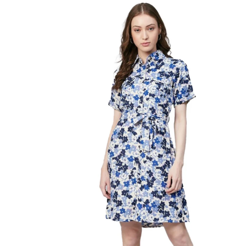 Women's Polyester Floral Short Sleeve Above Knee Dress (Blue - White)