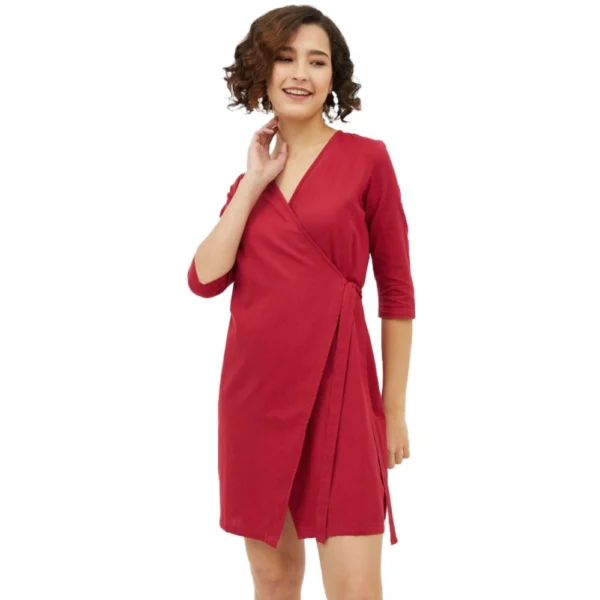 Generic Women's Cotton Wrap 3-4th Sleeves Above Knee Dress (Maroon)