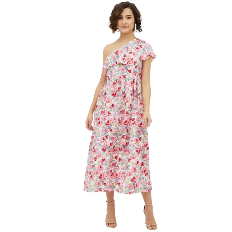 Women's Polyester Floral One Shoulder Calf-length Dress (Multicolor)