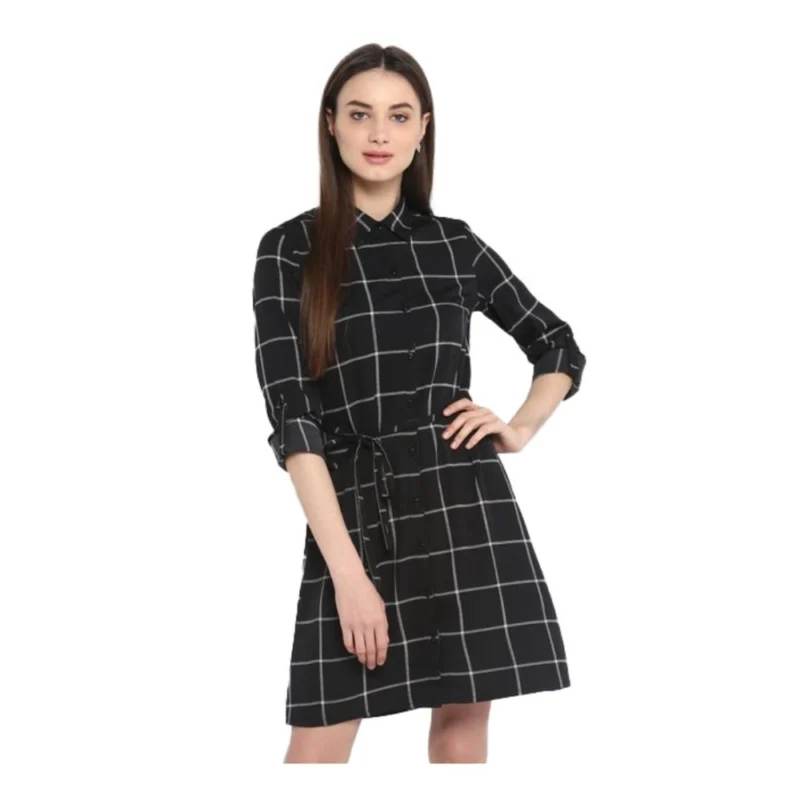 Women's Polyester Checkered Roll Up Sleeve Above Knee Dress (Black - White)