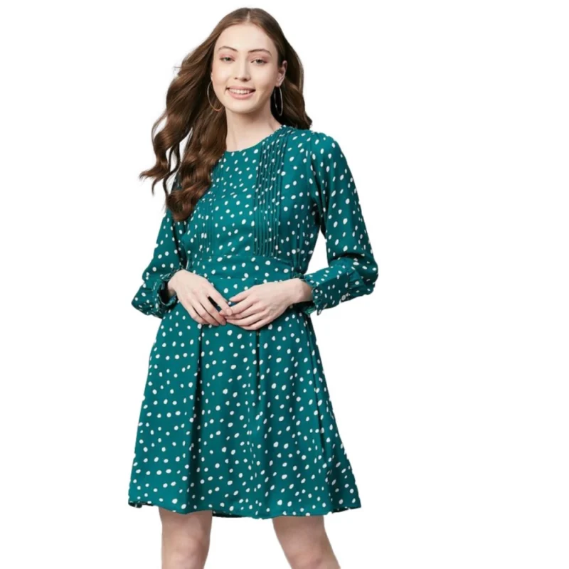 Women's Polyester Polka Long Sleeves Above Knee Dress (Green - White)