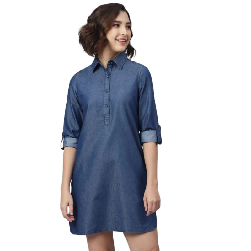 Women's Denim Solid Long Sleeves Above Knee Dress (Navy Blue)