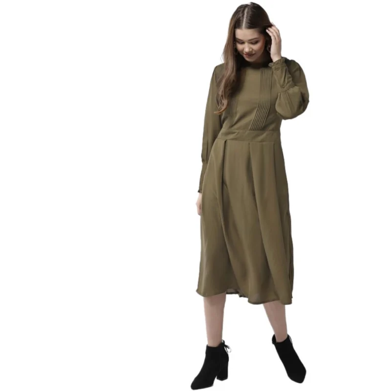 Women's Polyester Pintuck Long Sleeves Below Knee Dress (Olive)