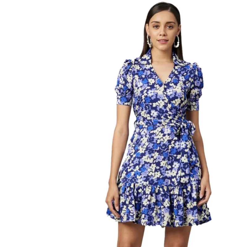 Women's Polyester Floral Short Sleeve Above Knee Dress (Blue - Purple)