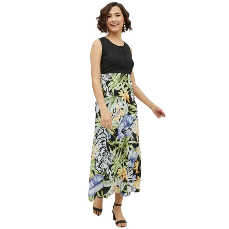 Women's Rayon Floral Sleeveless Calf-length Dress (Multicolor)