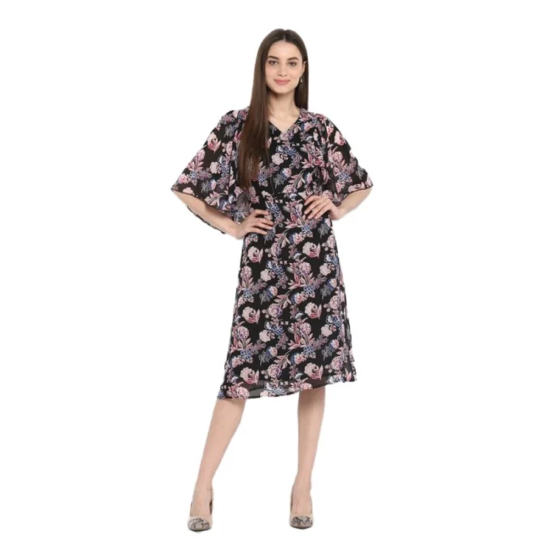 Women's Polyester Floral Short Sleeve Knee-Length Dress (Black - Multicolor)
