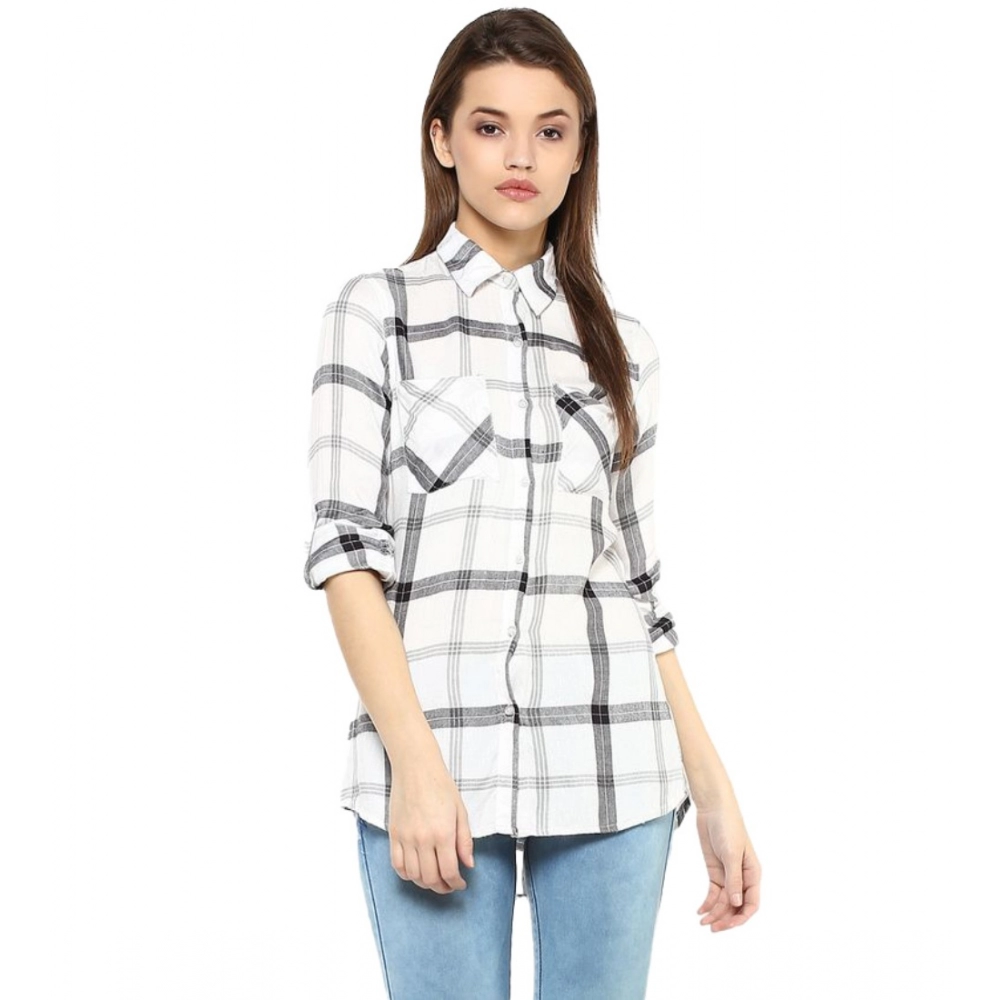 Women's Rayon Checkered Long Sleeves Standard Length Shirt (Black - White)