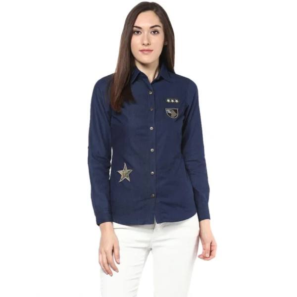 Women's Denim Patch Work Long Sleeves Standard Length Shirt (Blue)