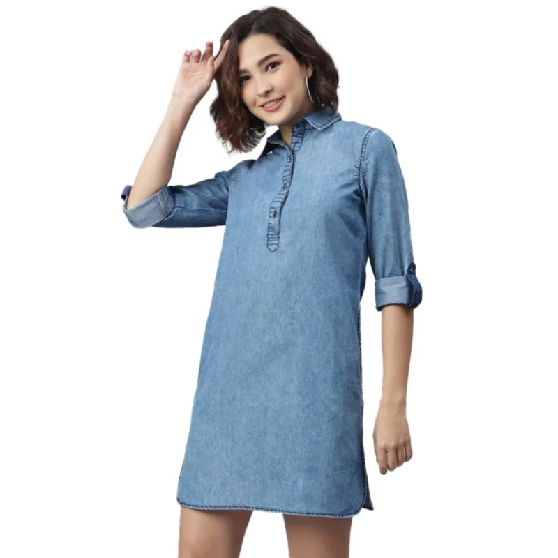 Women's Denim Solid Long Sleeves Above Knee Dress (Ice Blue)