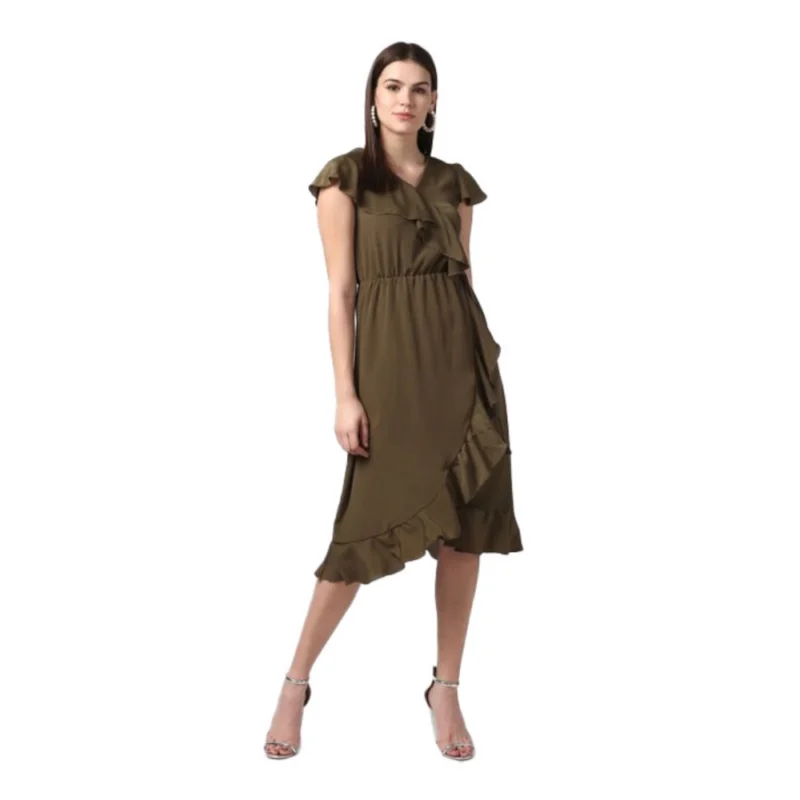 Women's Polyester Ruffled Cap Sleeve Knee-Length Dress (Olive)