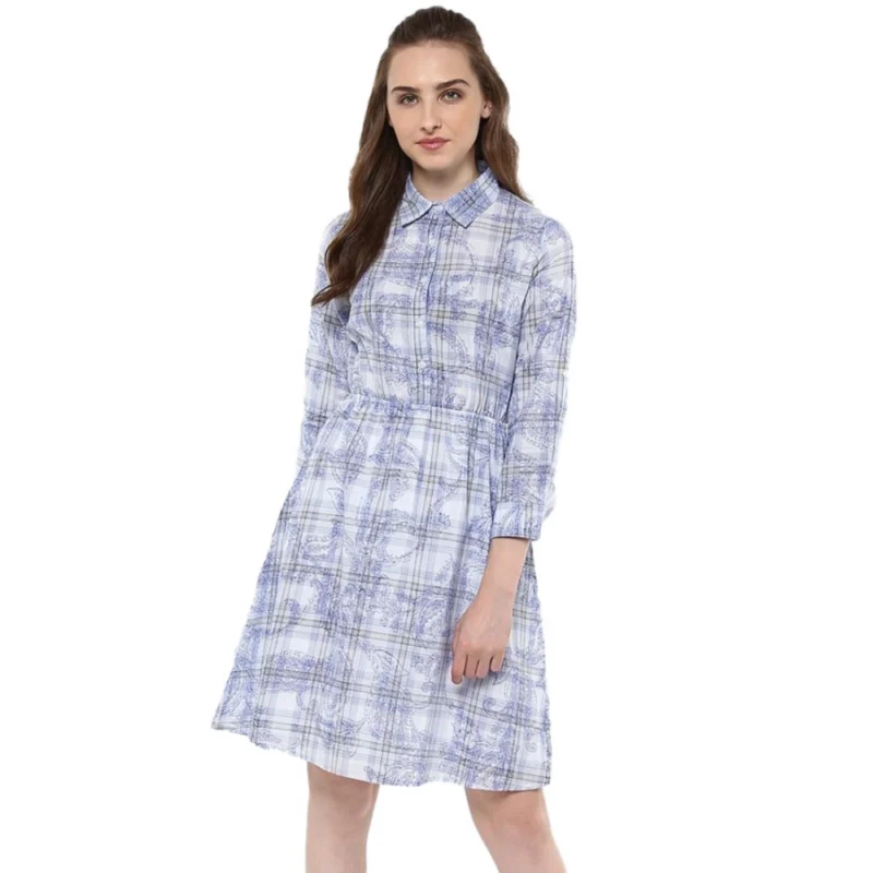 Women's Cotton Checkered Roll Up Sleeve Above Knee Dress (Blue)