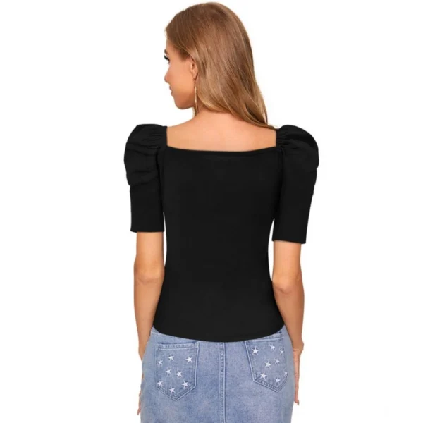 Generic Women's Polyester Solid Puff Short Sleeves Sweetheart Neck Top (Black) - Image 2