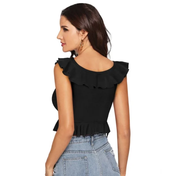 Women's Polyester Solid Sleeveless Ruffle Neck Top (Black) - Image 2