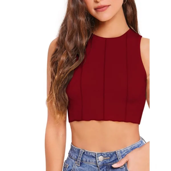 Generic Women's Polyester Solid Sleeveless Round Neck Top (Maroon) - Image 2