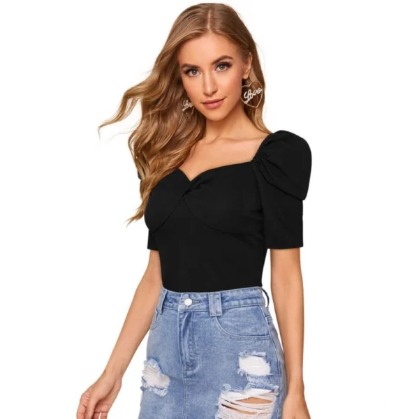 Generic Women's Polyester Solid Puff Short Sleeves Sweetheart Neck Top (Black) - Image 4