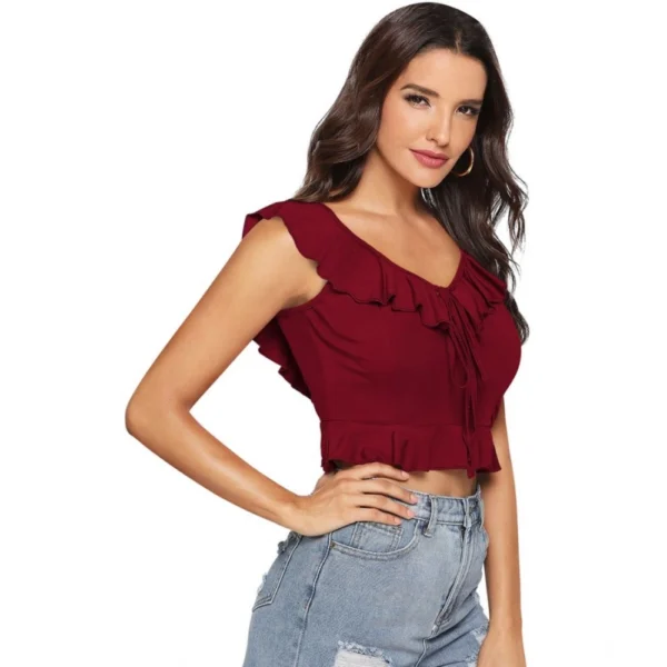 Generic Women's Polyester Solid Sleeveless Ruffle Neck Top (Maroon) - Image 4