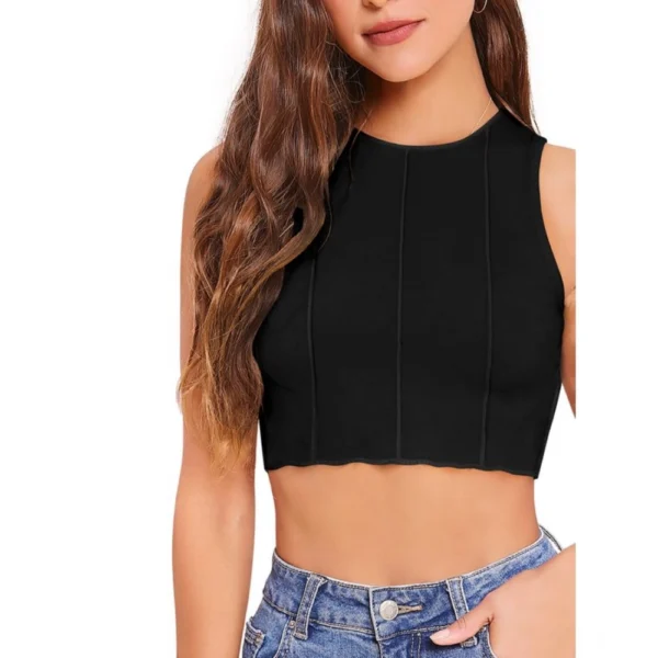 Generic Women's Polyester Solid Sleeveless Round Neck Top (Black) - Image 3