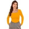 Generic Women's Polyester Solid Full Sleeves Square Neck Top (Yellow)