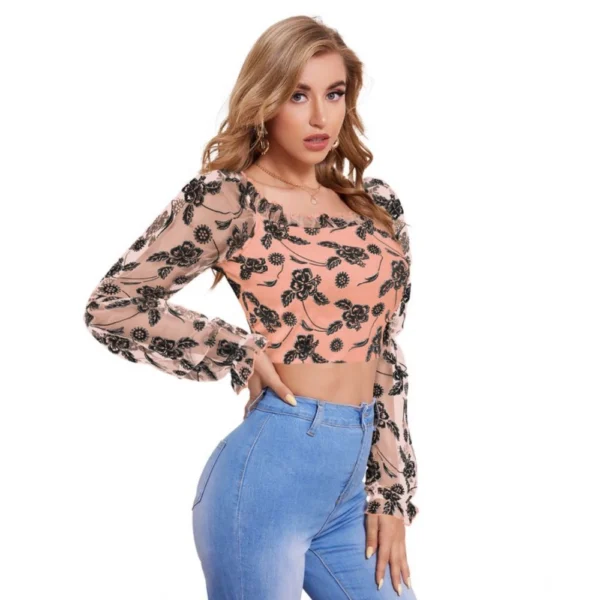Generic Women's Polyester Solid Full Sleeves Square Collar Top (Peach) - Image 5