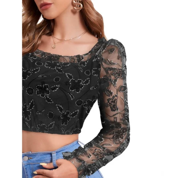Generic Women's Polyester Solid Full Sleeves Square Collar Top (Black) - Image 3