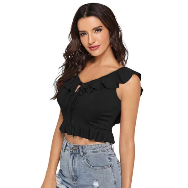Women's Polyester Solid Sleeveless Ruffle Neck Top (Black) - Image 4