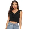 Women's Polyester Solid Sleeveless Ruffle Neck Top (Black)