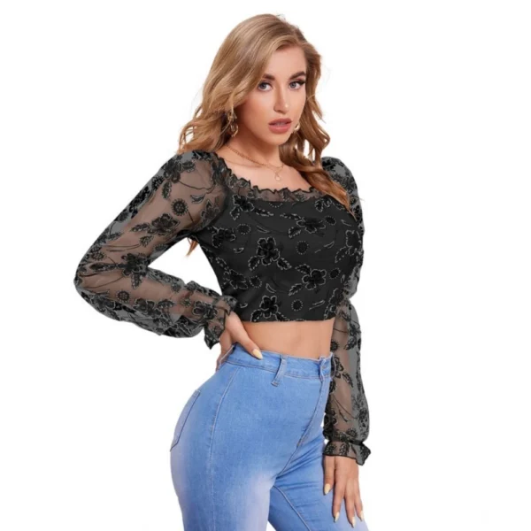 Generic Women's Polyester Solid Full Sleeves Square Collar Top (Black) - Image 5