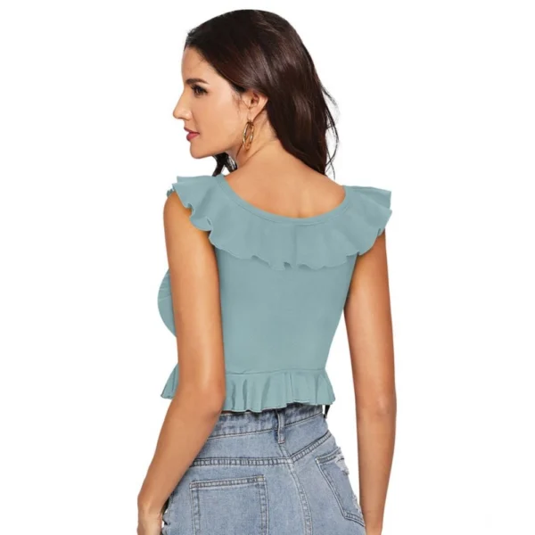 Generic Women's Polyester Solid Sleeveless Ruffle Neck Top (Pista) - Image 3