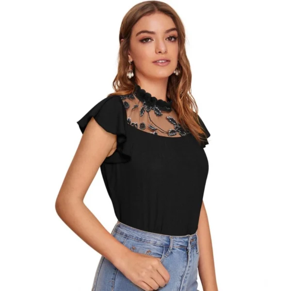 Generic Women's Polyester Solid Cap Sleeve Sweetheart Neck Top (Black) - Image 5