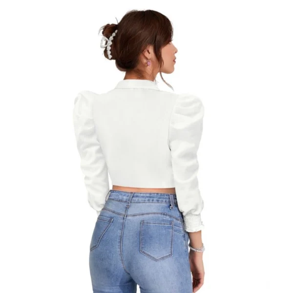 Generic Women's Polyester Solid Puff Sleeves Lapel Collar Top (White) - Image 3