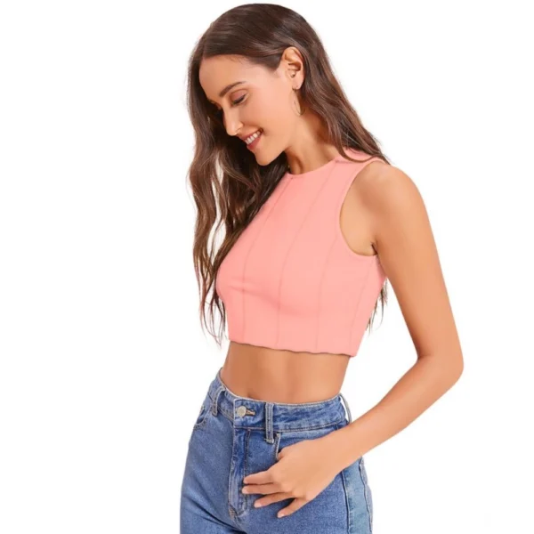 Generic Women's Polyester Solid Sleeveless Round Neck Top (Peach) - Image 3