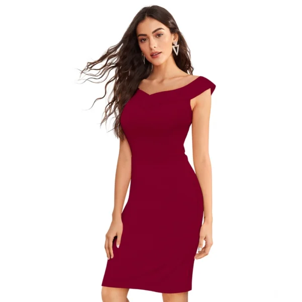 Generic Women's Knitting stretchable Solid Round Neck Sleeveless Dress (Maroon) - Image 2