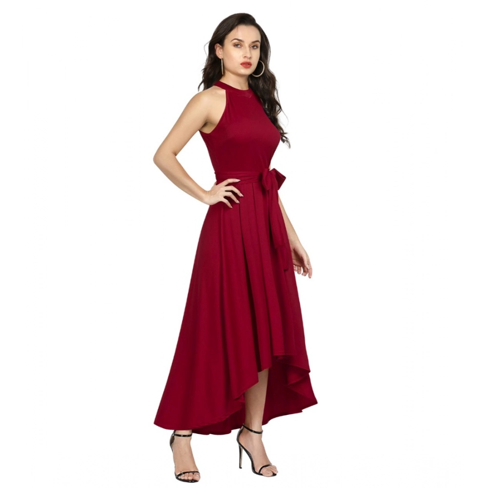 Women's Polyster Solid Halter Neck Sleeveless Dress (Maroon) - Image 5