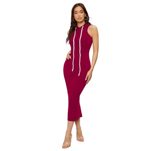 Women's Knitting stretchable Solid Round Neck Sleeveless Dress (Maroon) - Image 2