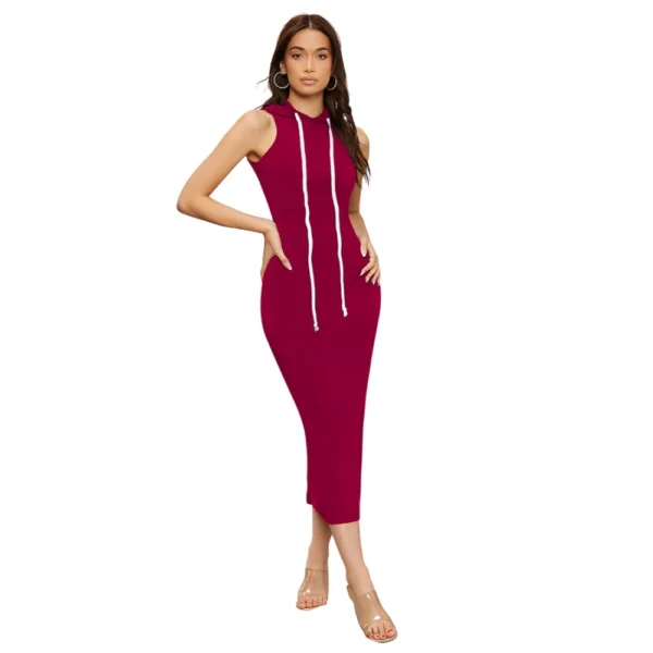 Women's Knitting stretchable Solid Round Neck Sleeveless Dress (Maroon) - Image 4