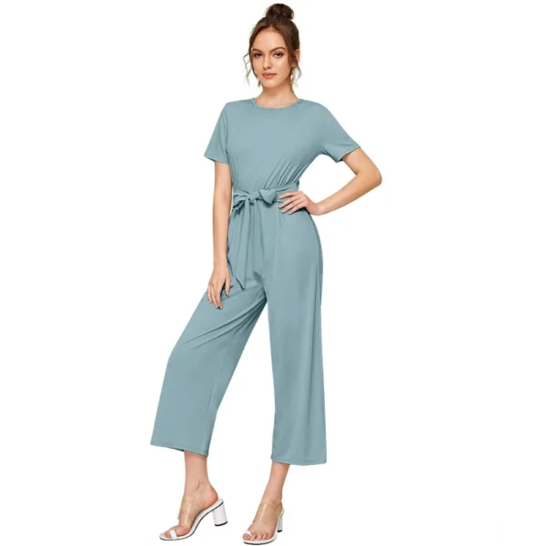 Women's Knitting stretchable Solid Round Neck Cap Sleeve Jumpsuit (Pista ) - Image 2