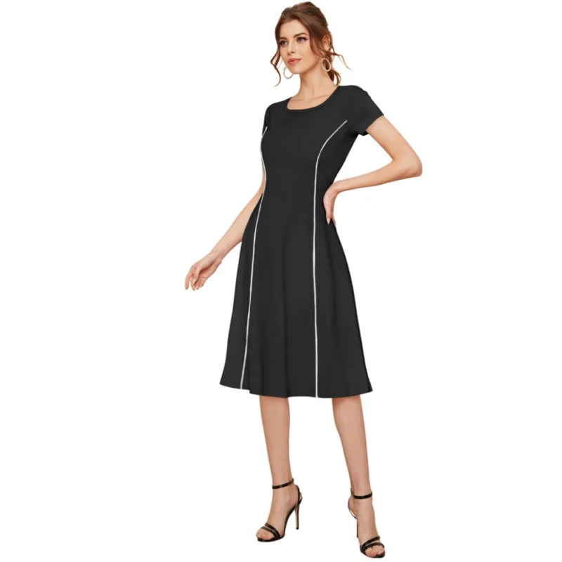 Alternative view of Women's Knitting stretchable Solid Round Neck Cap Sleeve Dress (Black)