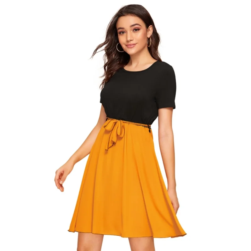 Alternative view of Women's Knitting stretchable Solid Round Neck Cap Sleeve Dress (Yellow)