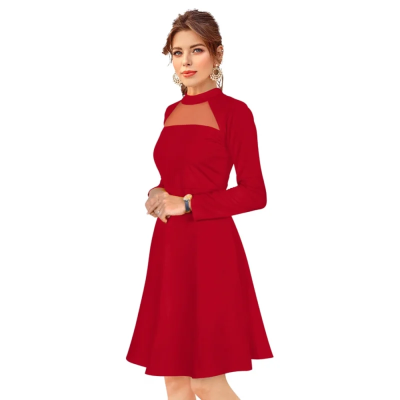 Alternative view of Women's Knitting stretchable Solid Round Neck Full Sleeve Dress (Red)