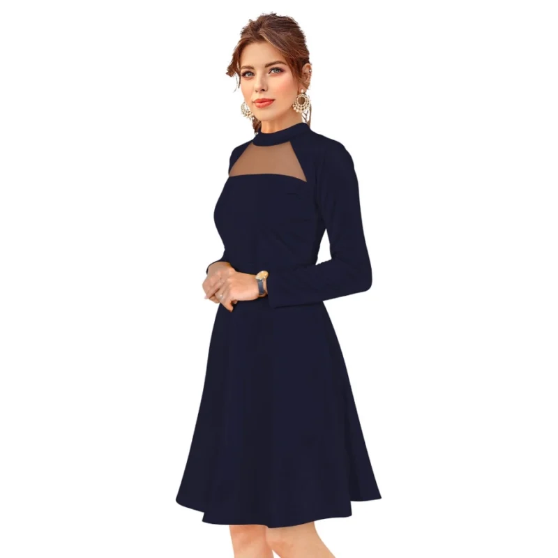 Alternative view of Women's Knitting stretchable Solid Round Neck Full Sleeve Dress (Blue)