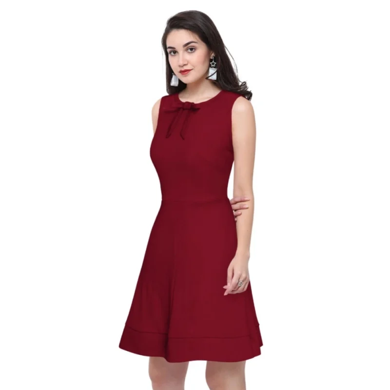 Alternative view of Women's Polyester Solid Round Neck Sleeveless Dress (Maroon)
