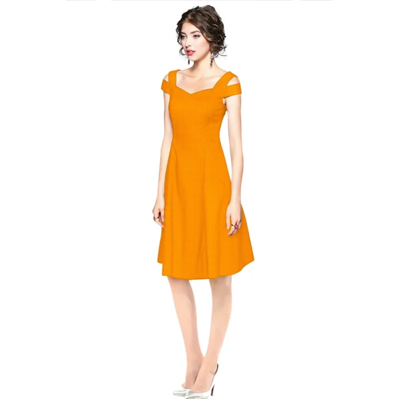 Alternative view of Women's Polyester Solid V Neck Cap Sleeve off Shoulder Dress (Yellow)