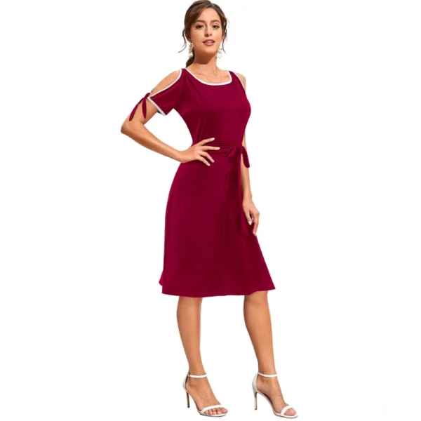 Generic Women's Knitting stretchable Solid Round Neck Sleeveless Dress (Maroon) - Image 4