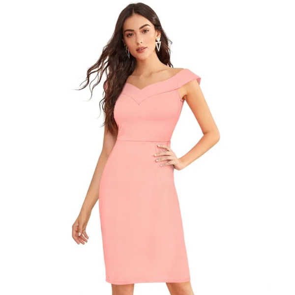 Generic Women's Knitting stretchable Solid Round Neck Sleeveless Dress (Peach) - Image 2