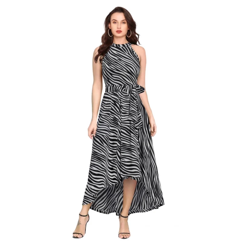 Women's Polyester Zebra Pattern Halter Neck Sleeveless Dress (Navy Blue)